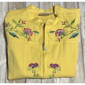 Quacker Factory Jacket Yellow Floral Embroidered Denim Butterfly‎ Zip Medium
